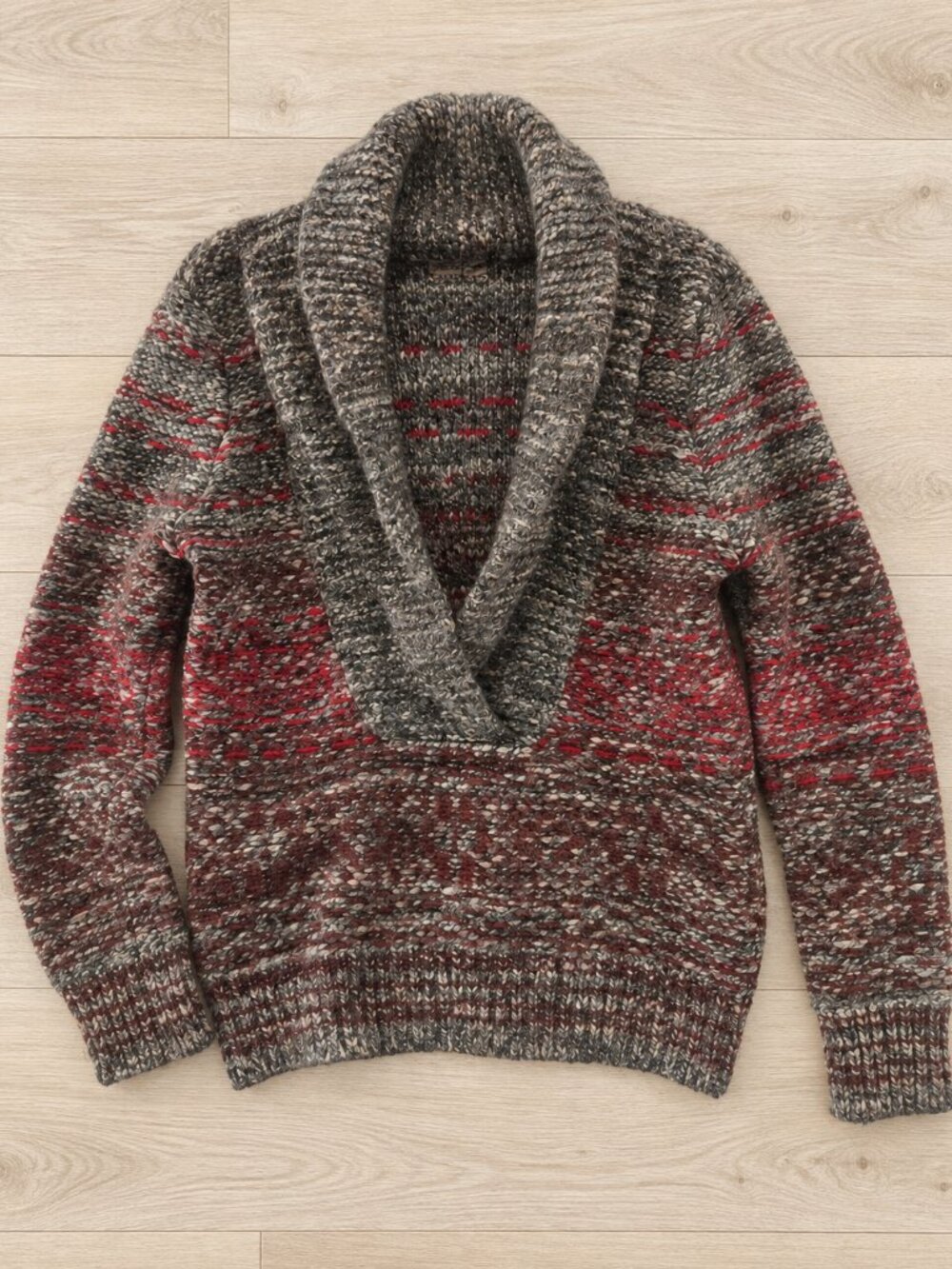 🇨🇦 Wilfred, Chunky Shawl Collar Sweater, Grey Red Brown, Size 4